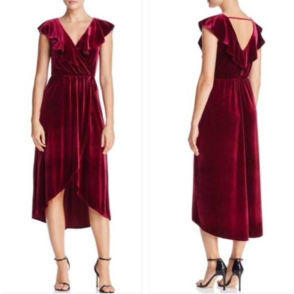NWT Aqua Zinfandel Deep Wine Red Stretch Velvet Ruffled Dress Size Small